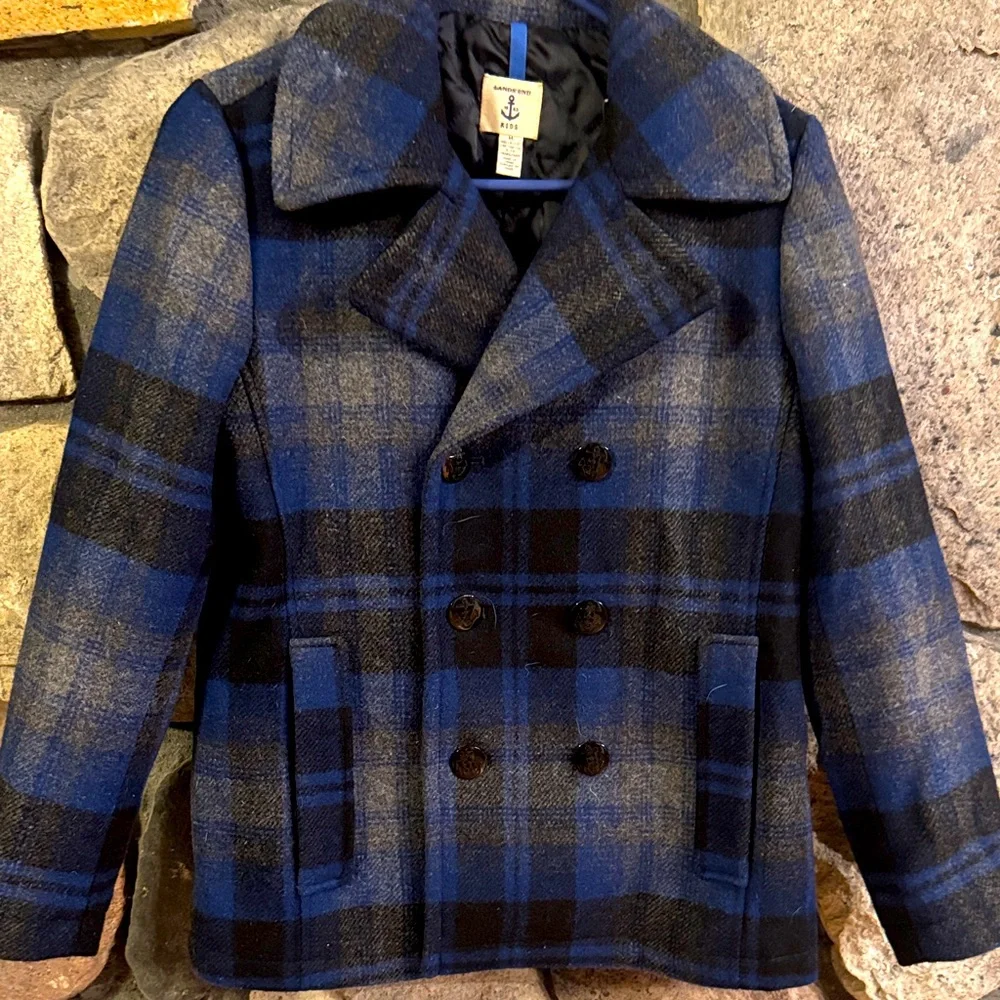 Lands' End Blue and Black Plaid youth wool blend Peacoat size youth medium - Picture 1 of 7